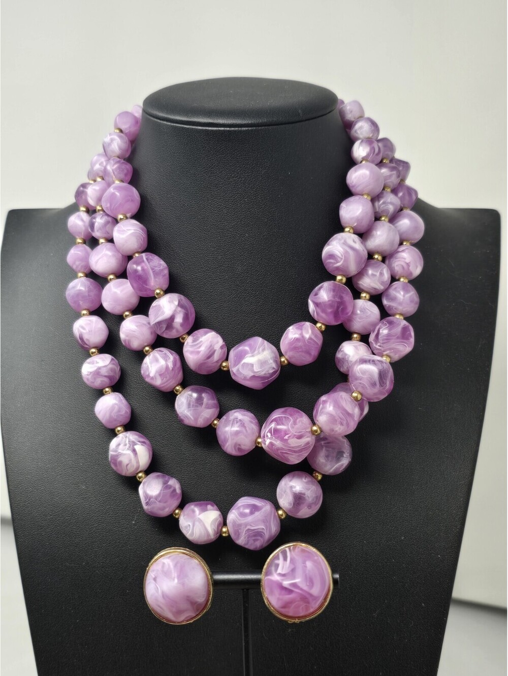 Vtg Kramer Signed Purple Marbled Lucite Bead Necklace Set